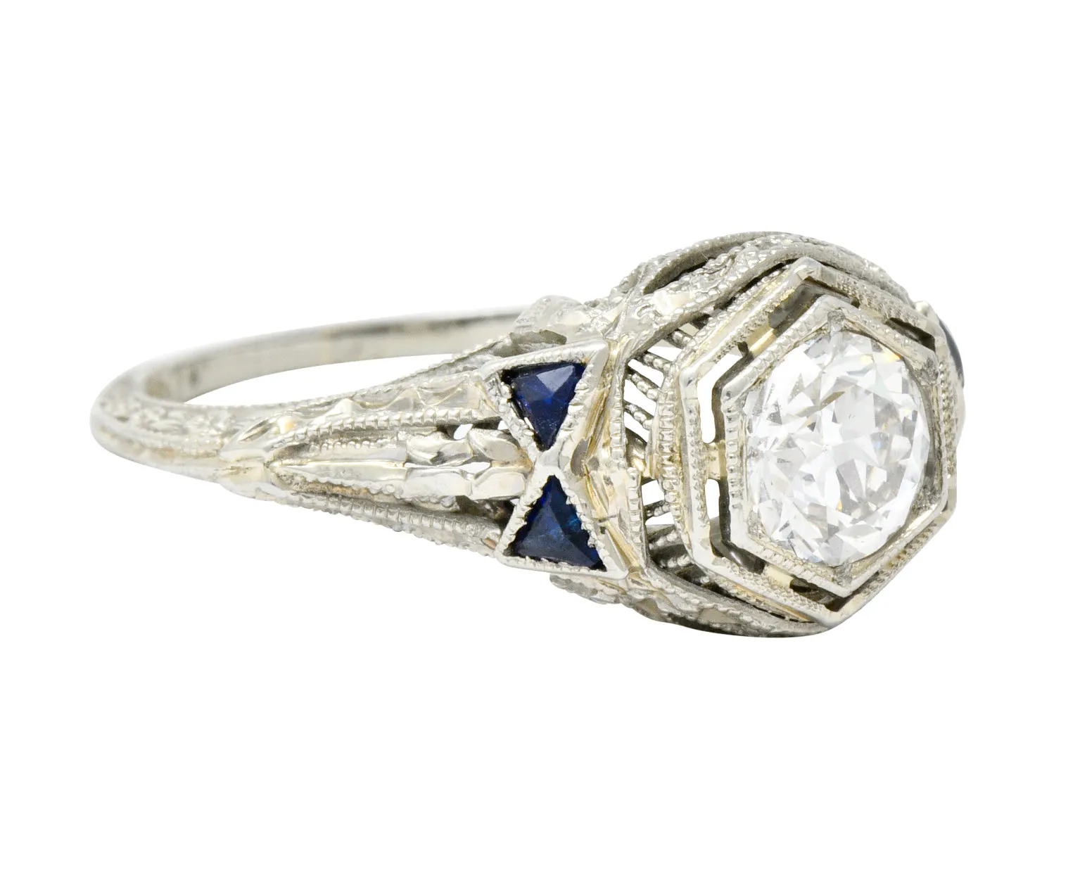 Art Deco 0.65 CTW Diamond Sapphire 18 Karat White Gold Engagement Ring