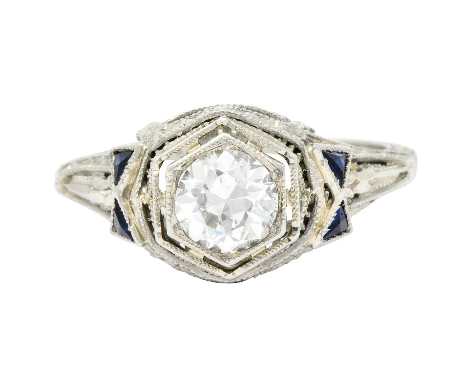 Art Deco 0.65 CTW Diamond Sapphire 18 Karat White Gold Engagement Ring