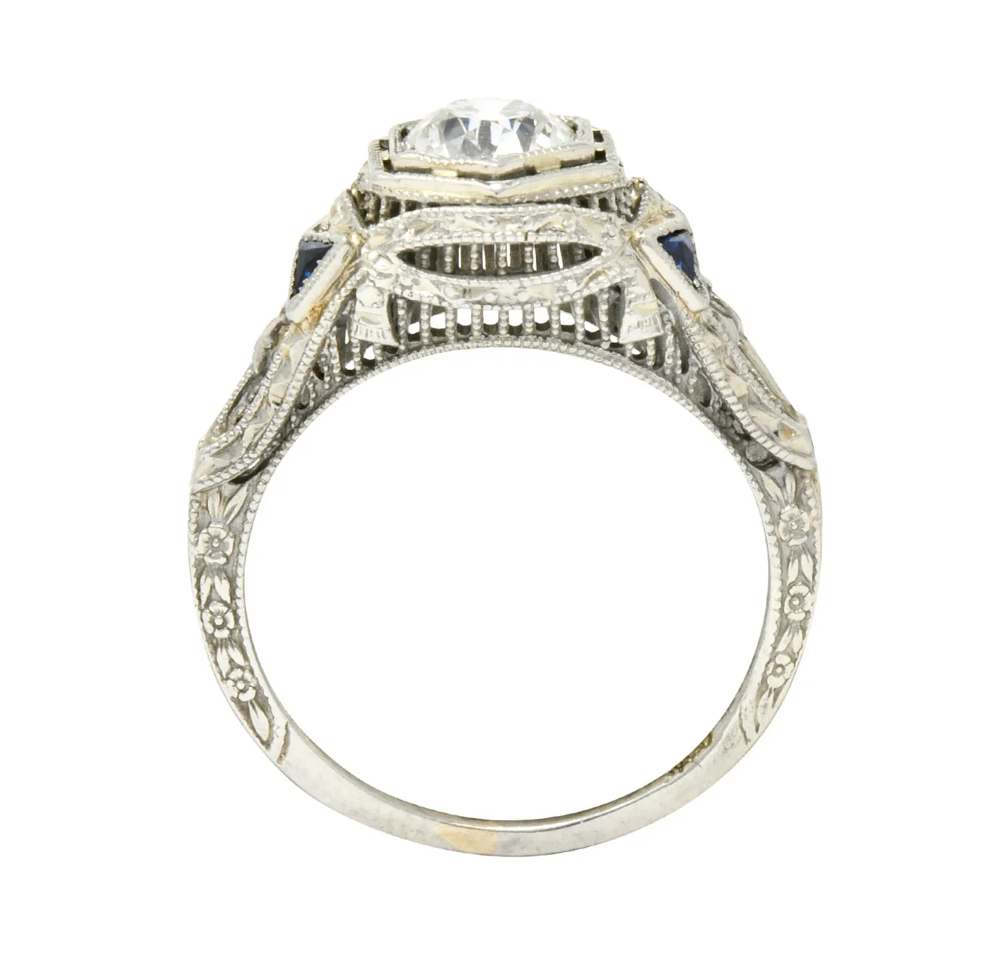 Art Deco 0.65 CTW Diamond Sapphire 18 Karat White Gold Engagement Ring