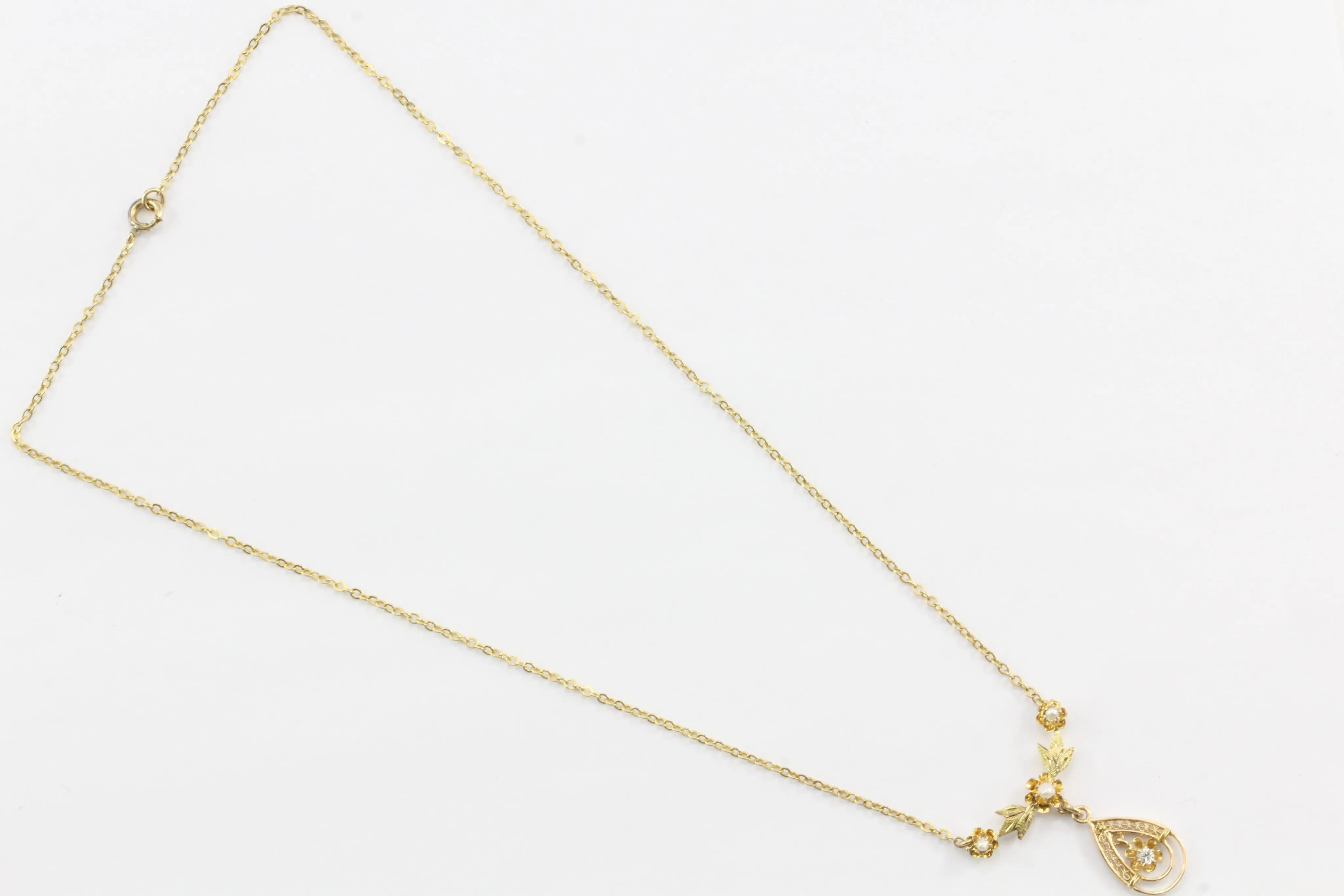 Art Deco 10K Gold Diamond Pearl Lavalier Necklace c.1930