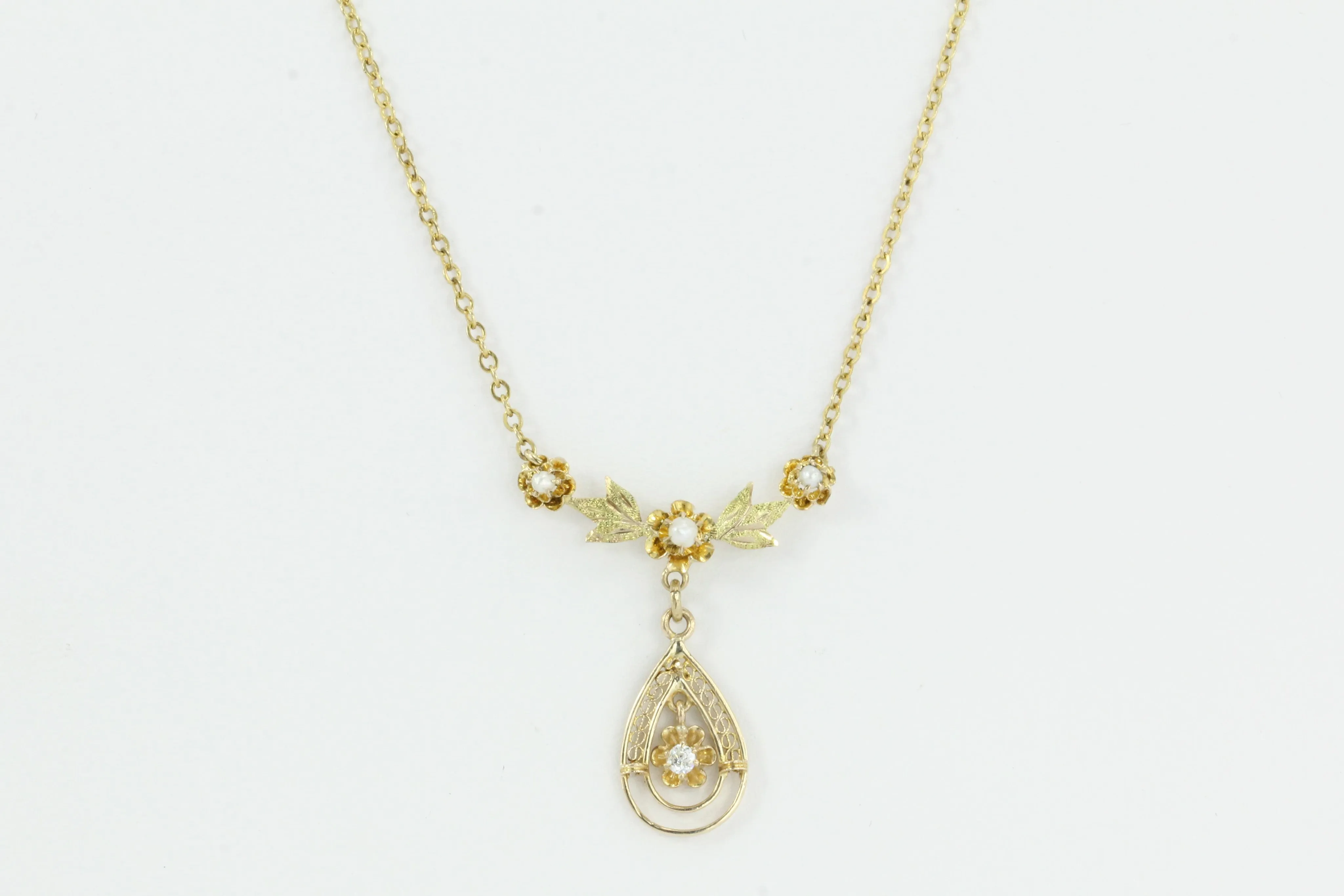 Art Deco 10K Gold Diamond Pearl Lavalier Necklace c.1930