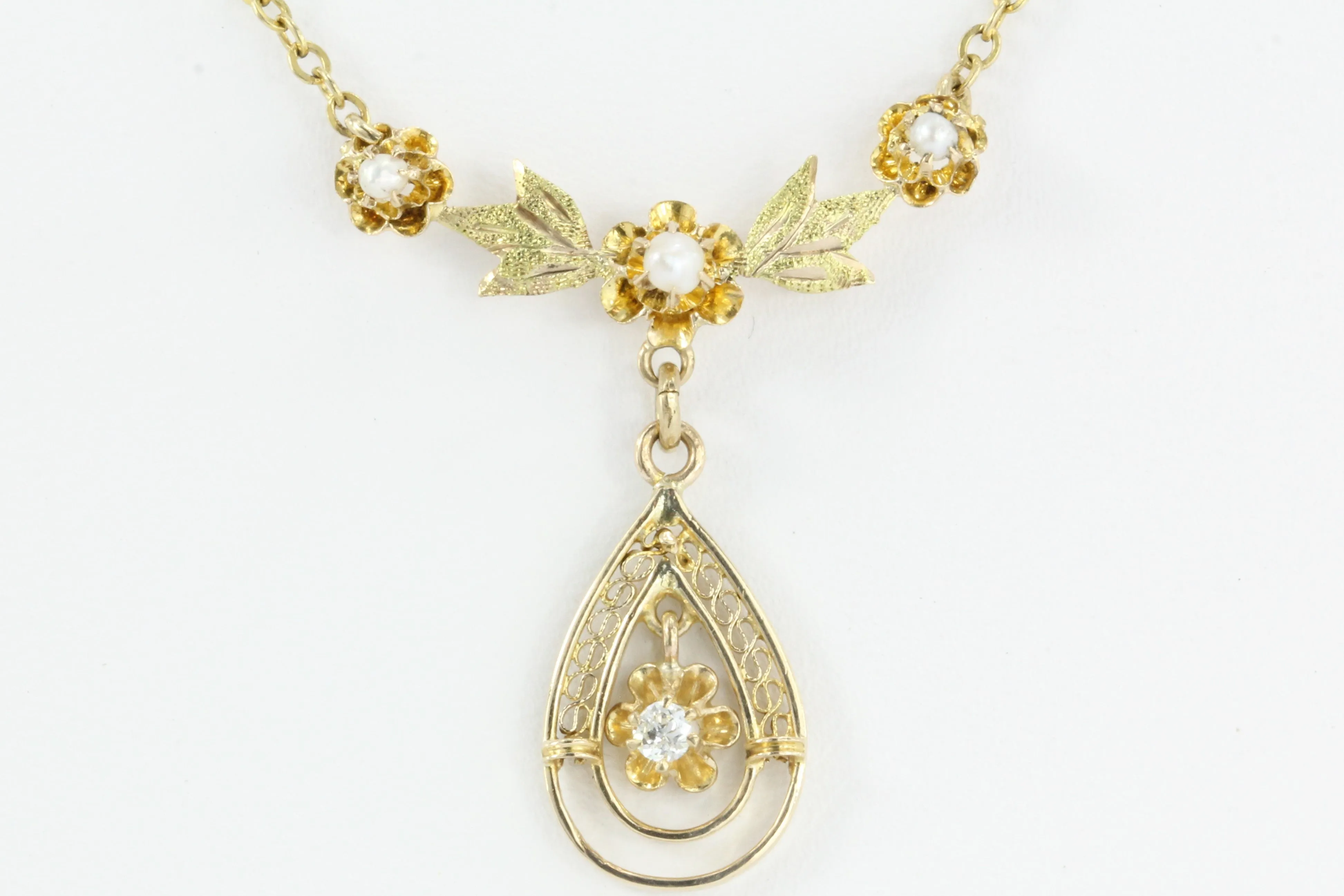 Art Deco 10K Gold Diamond Pearl Lavalier Necklace c.1930