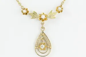 Art Deco 10K Gold Diamond Pearl Lavalier Necklace c.1930