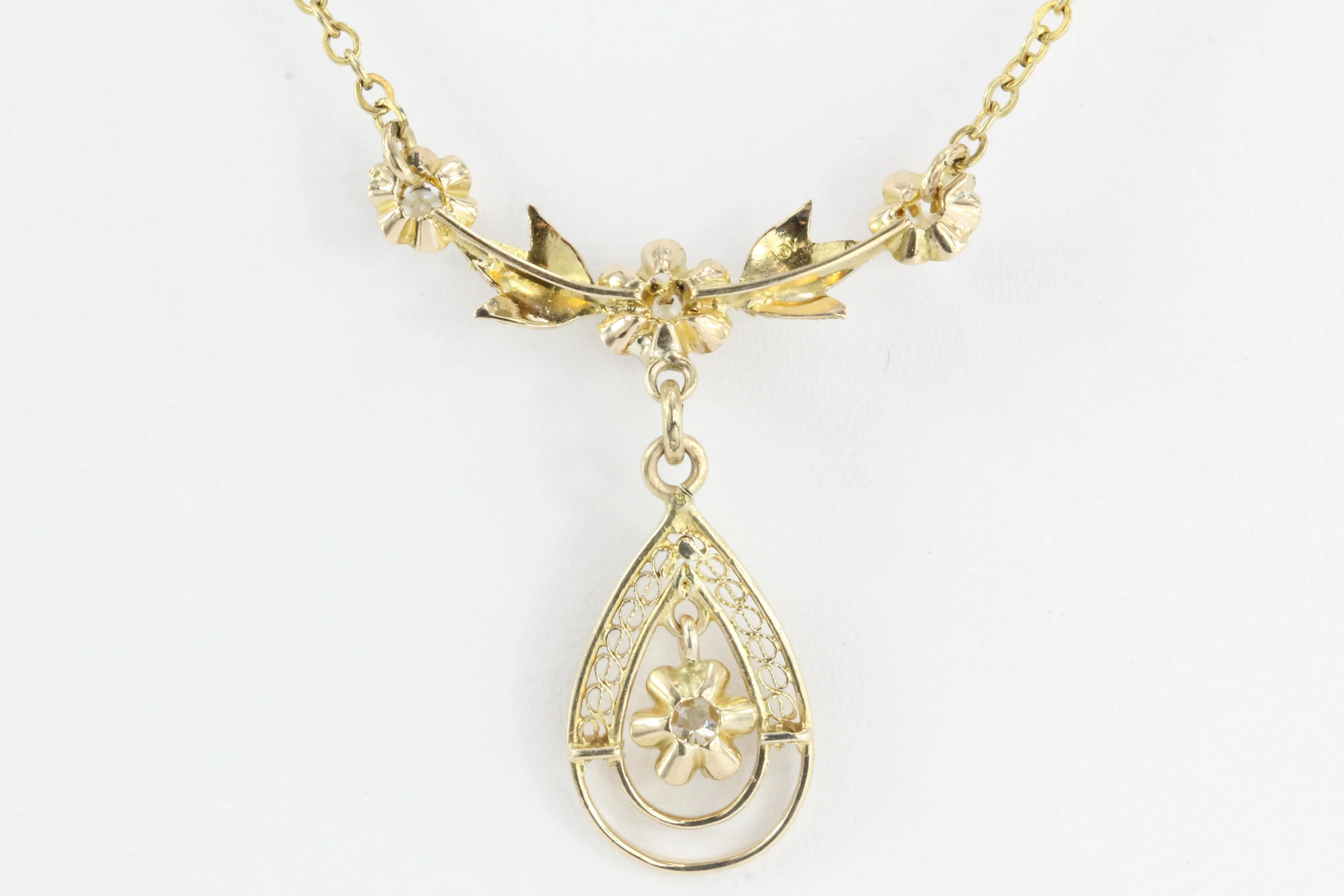 Art Deco 10K Gold Diamond Pearl Lavalier Necklace c.1930