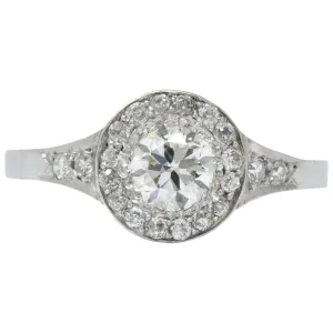 Art Deco 1.10 CTW Diamond Platinum Halo Engagement Ring Circa 1930