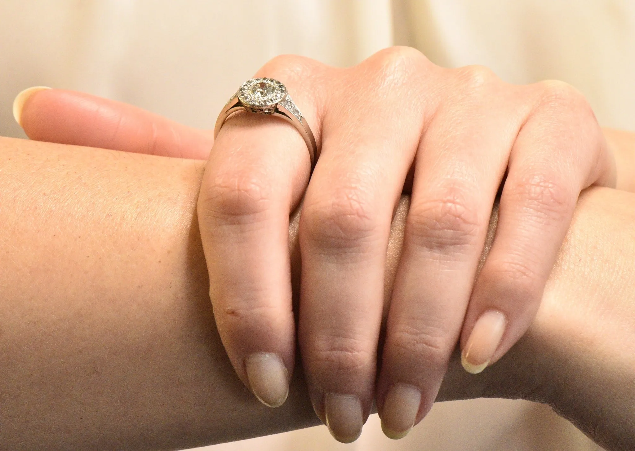 Art Deco 1.10 CTW Diamond Platinum Halo Engagement Ring Circa 1930