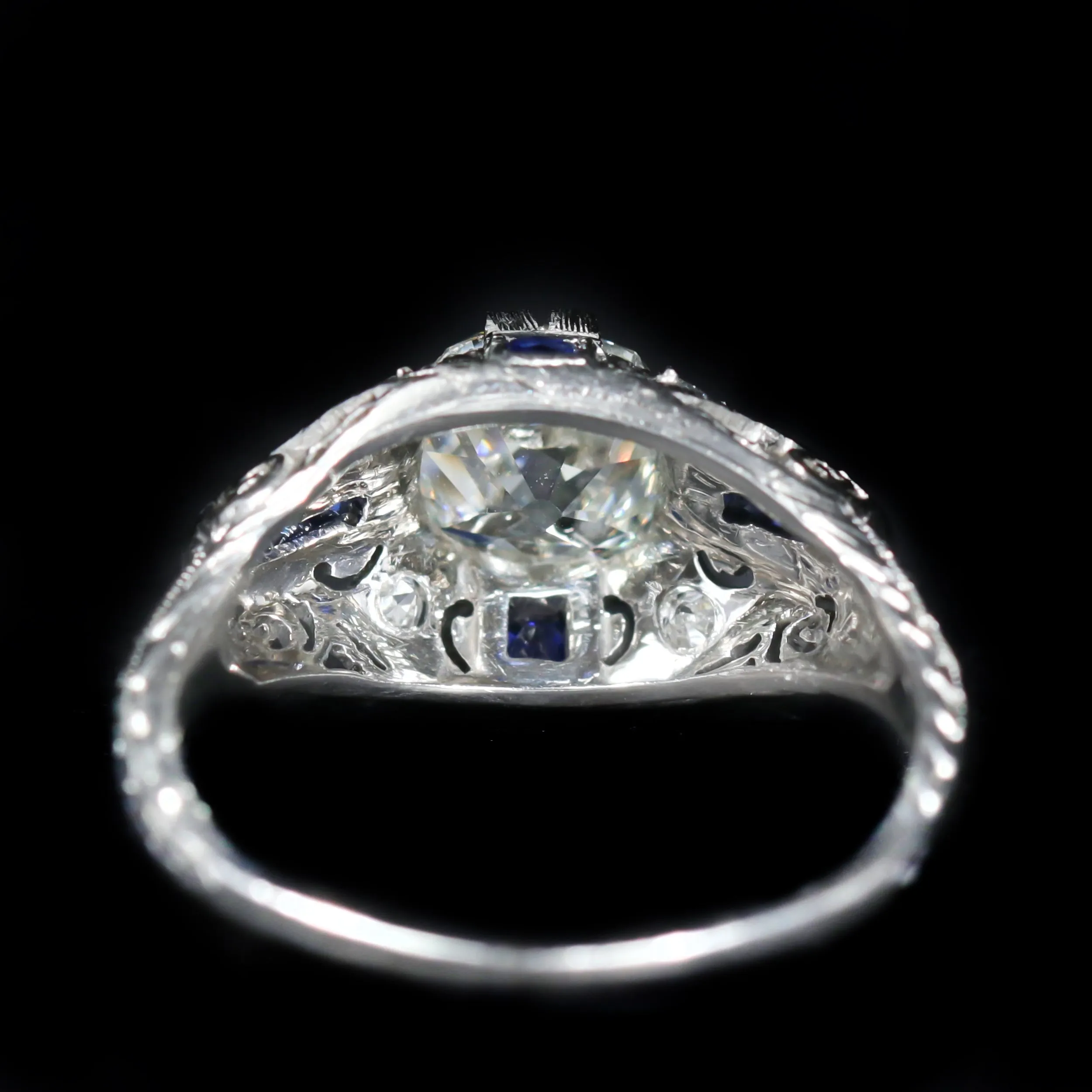 Art Deco 1.14 Carat Old Mine Cut Diamond and Sapphire Engagement Ring