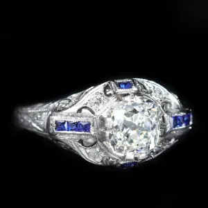 Art Deco 1.14 Carat Old Mine Cut Diamond and Sapphire Engagement Ring