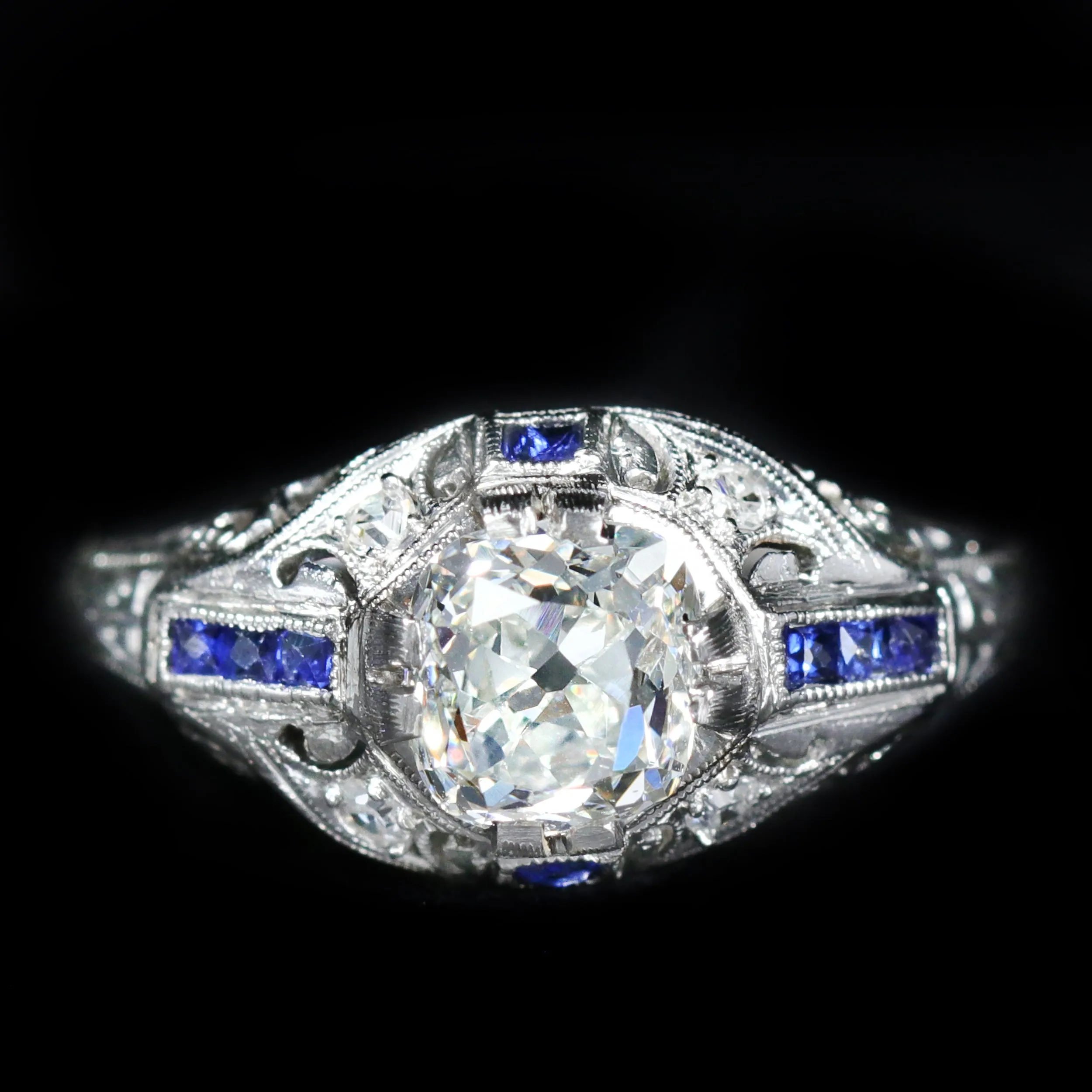 Art Deco 1.14 Carat Old Mine Cut Diamond and Sapphire Engagement Ring