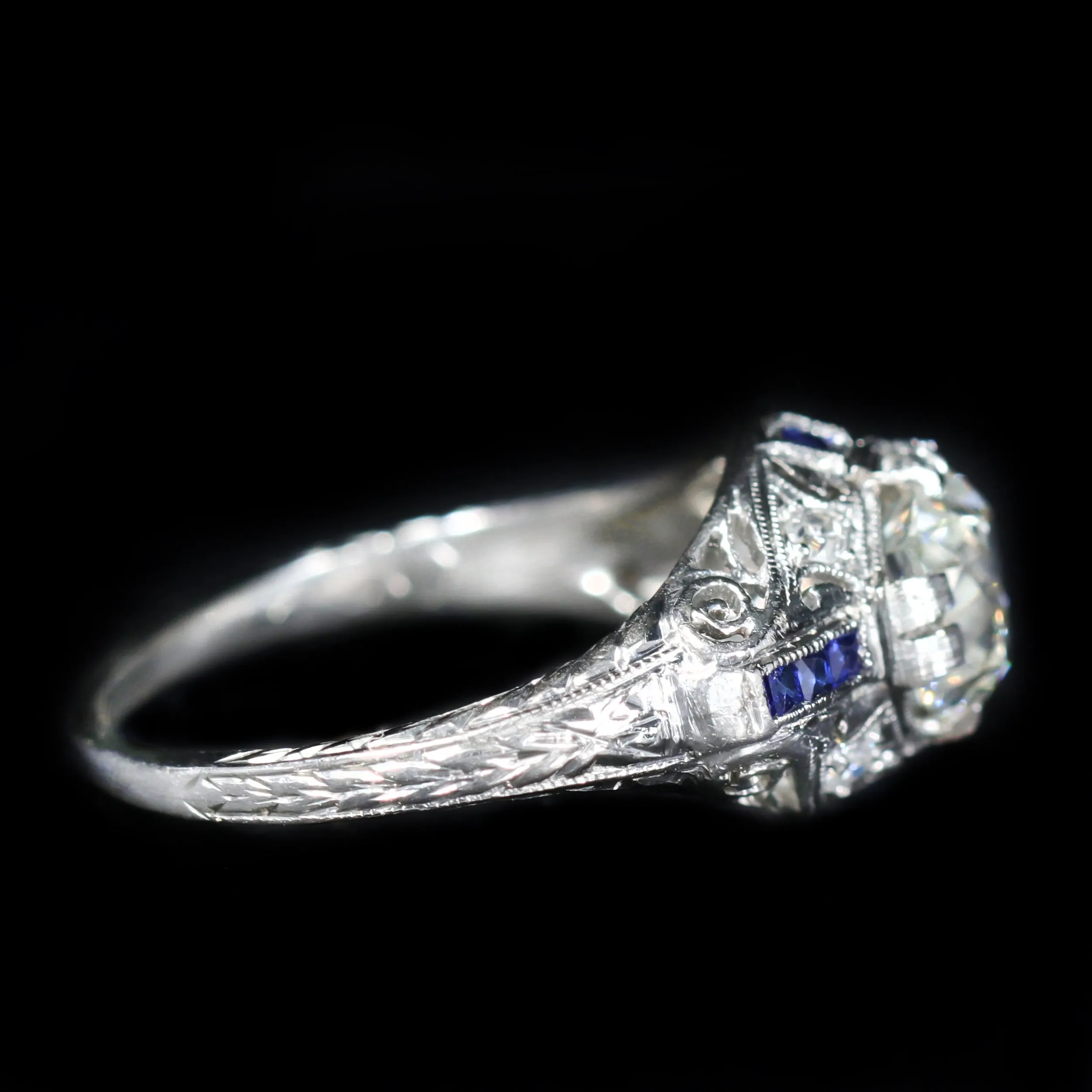 Art Deco 1.14 Carat Old Mine Cut Diamond and Sapphire Engagement Ring