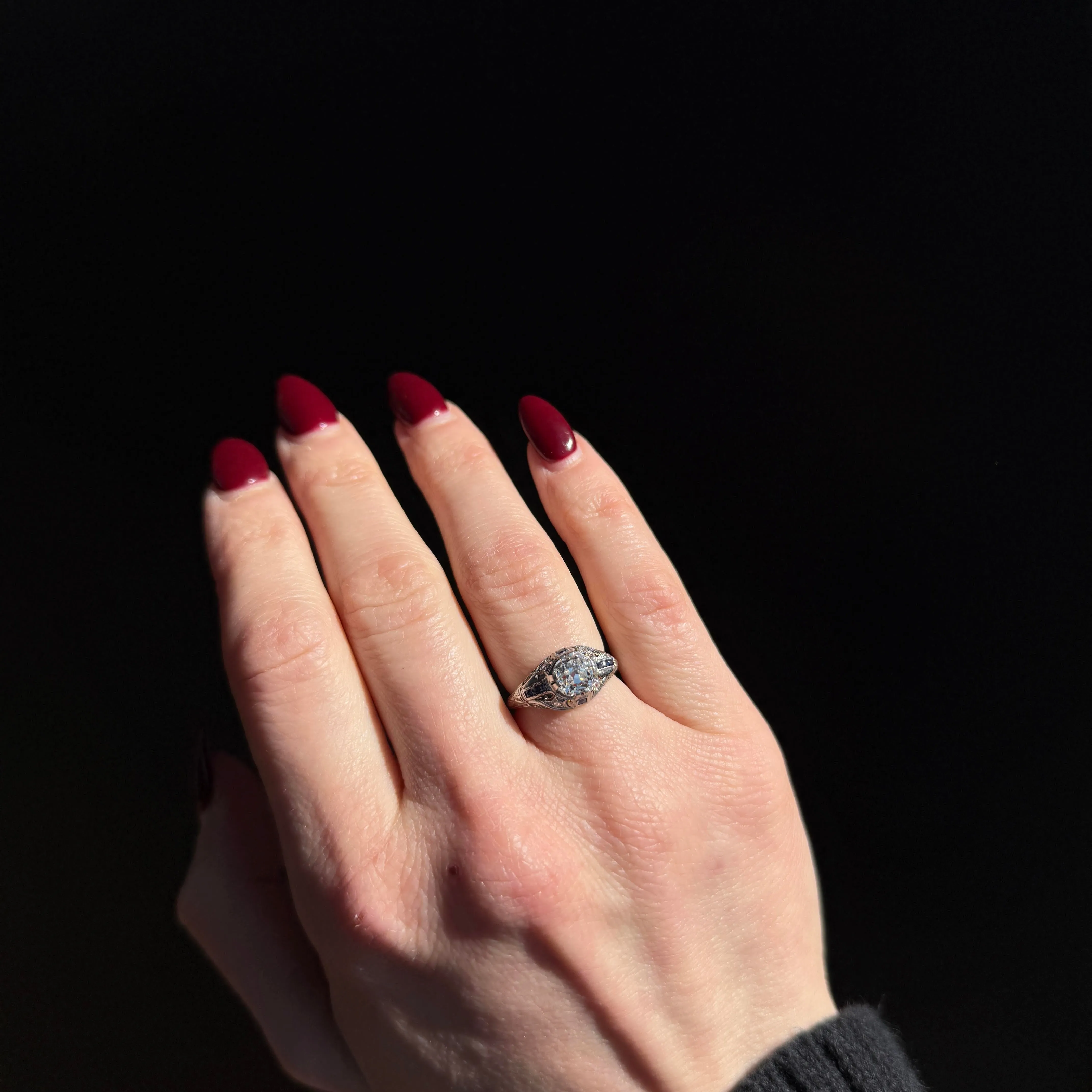 Art Deco 1.14 Carat Old Mine Cut Diamond and Sapphire Engagement Ring