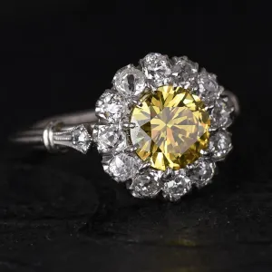 Art Deco 1.1ct Fancy Yellow Diamond Cluster Ring