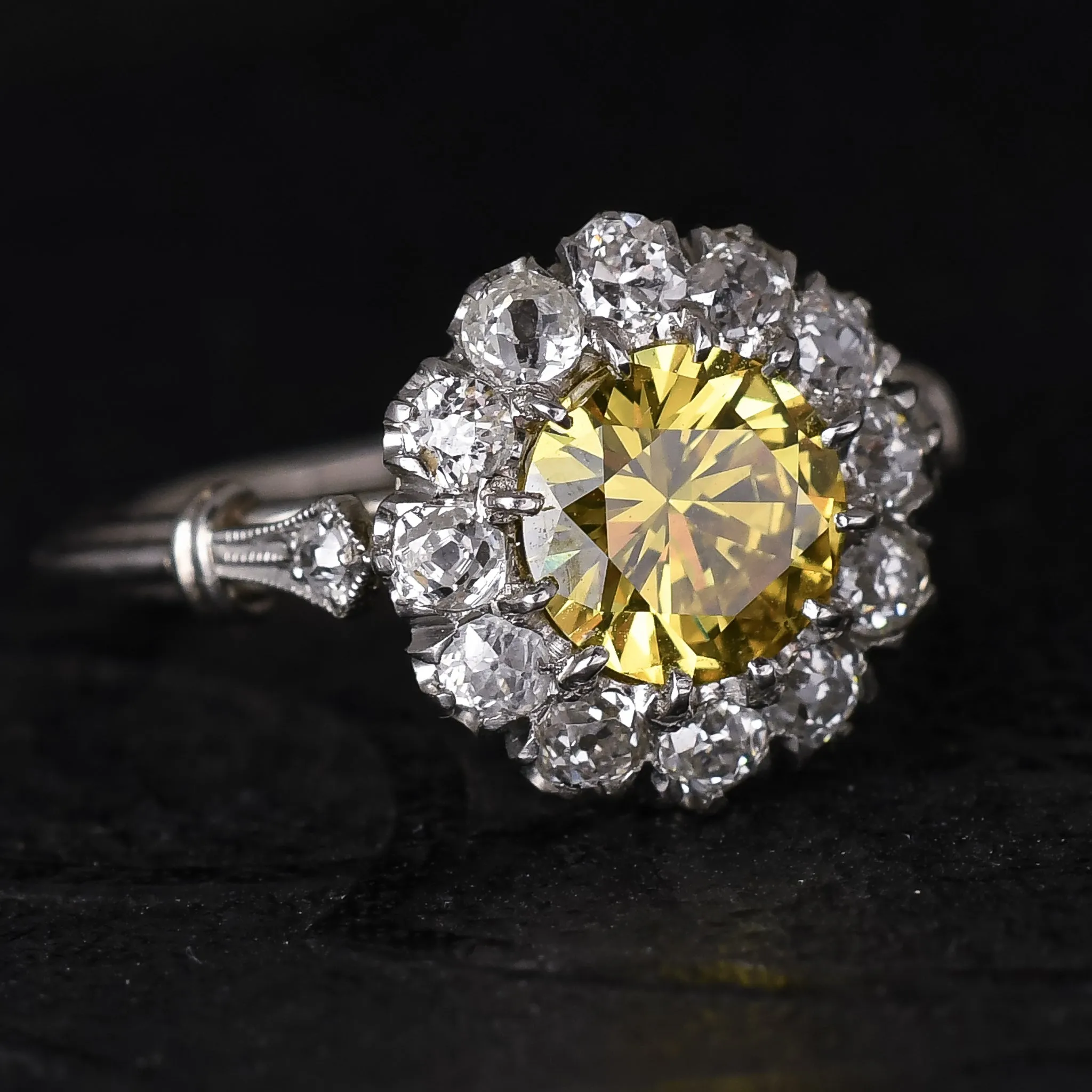 Art Deco 1.1ct Fancy Yellow Diamond Cluster Ring