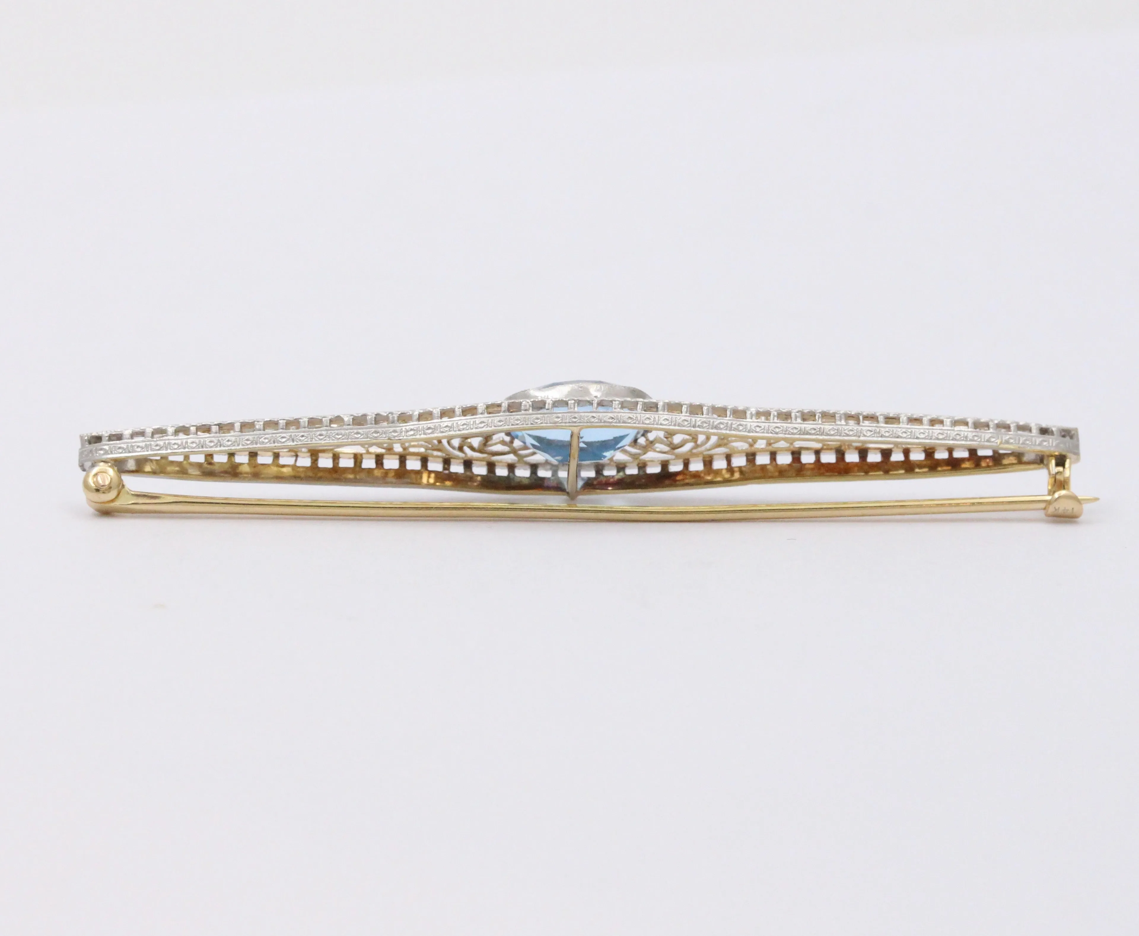 Art Deco 14K Gold and Aquamarine Filigree Bar Pin, Antique Brooch