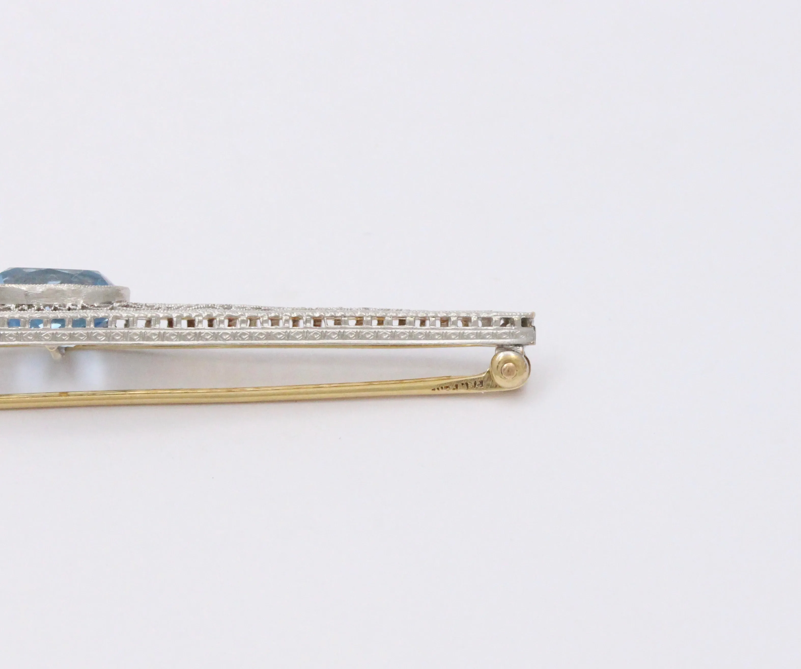 Art Deco 14K Gold and Aquamarine Filigree Bar Pin, Antique Brooch