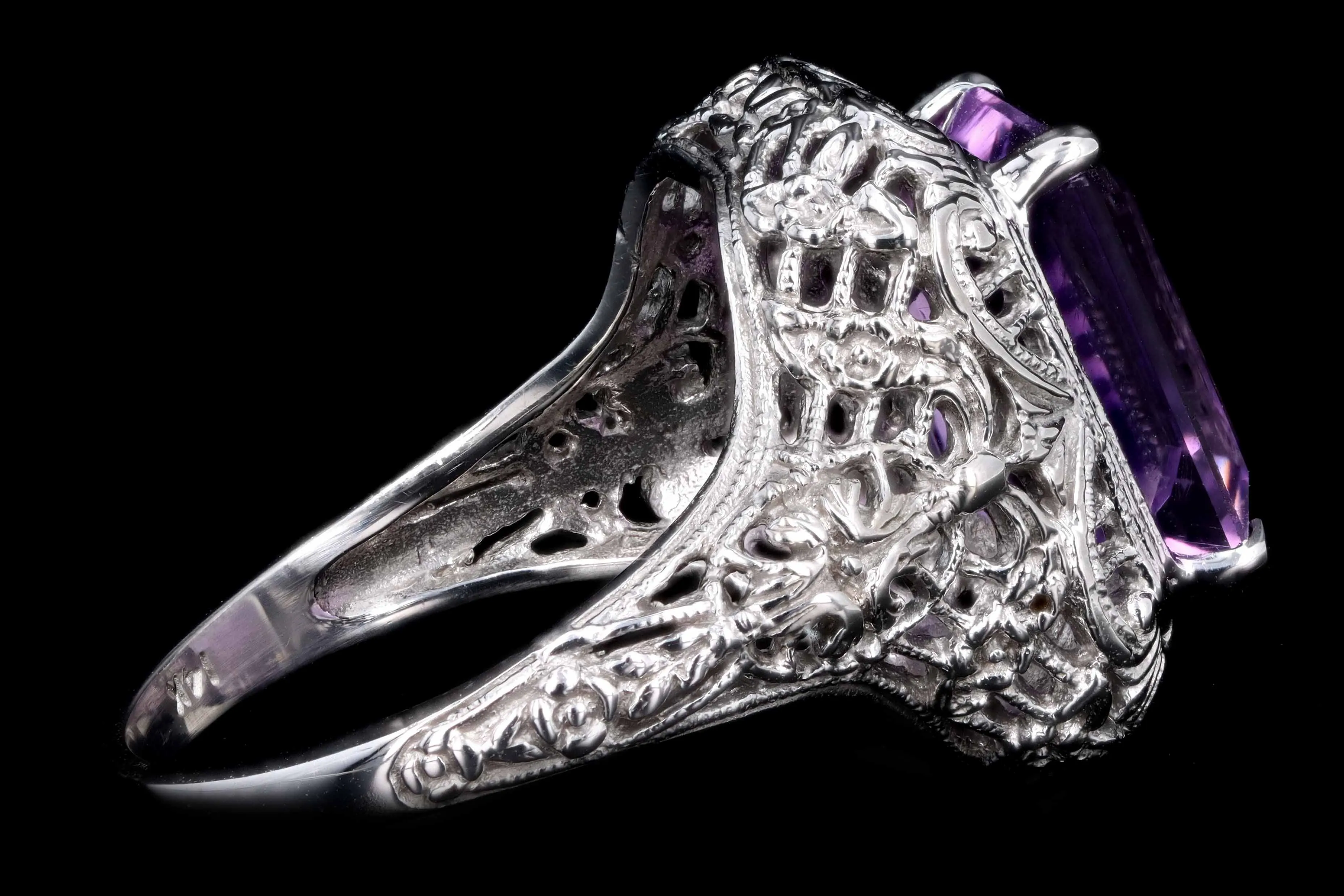 Art Deco 14K White Gold 4.56 Carat Amethyst Ring