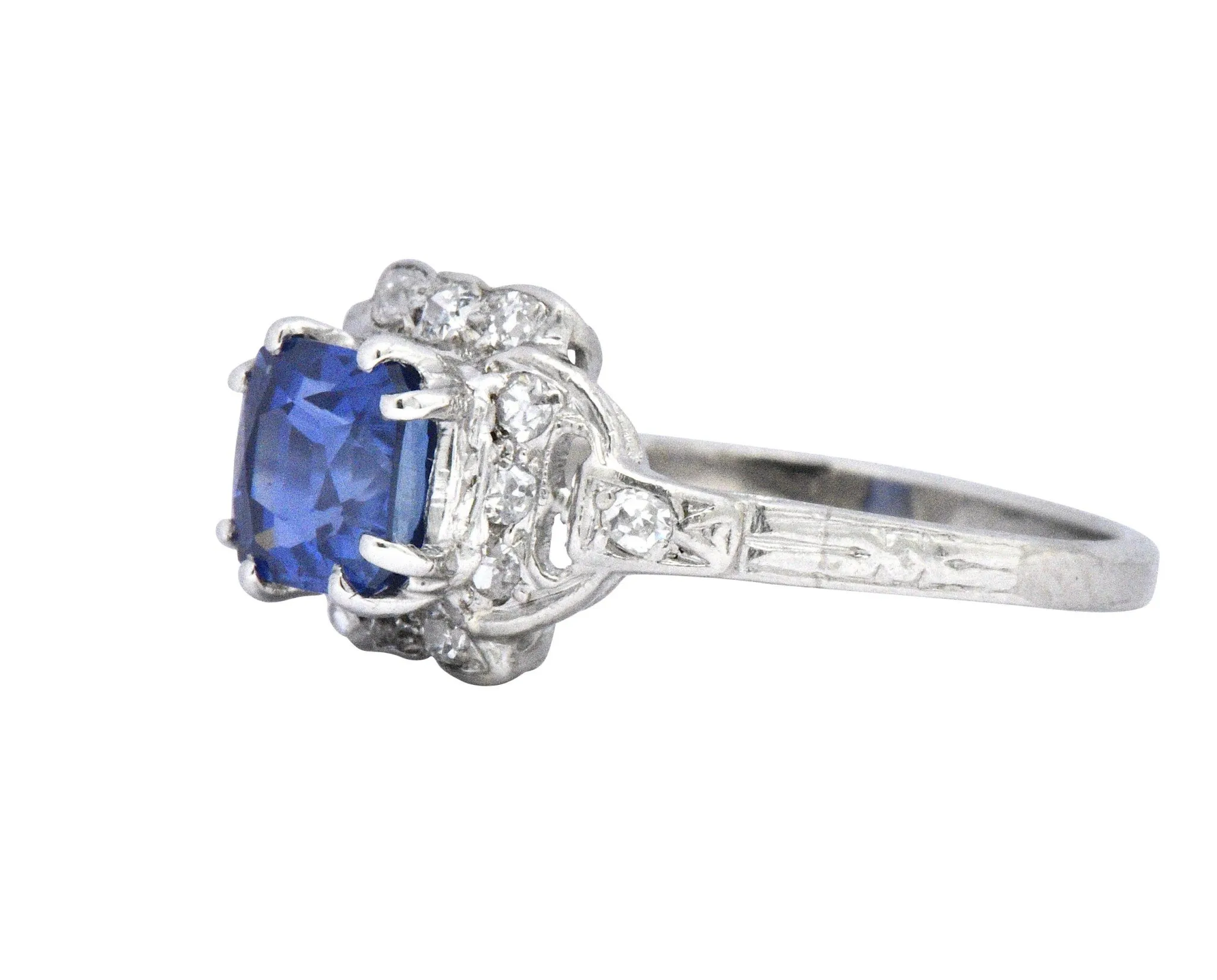 Art Deco 1.67 CTW Unheated Kashmir Sapphire Diamond & Platinum Ring AGL Certified