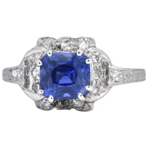 Art Deco 1.67 CTW Unheated Kashmir Sapphire Diamond & Platinum Ring AGL Certified
