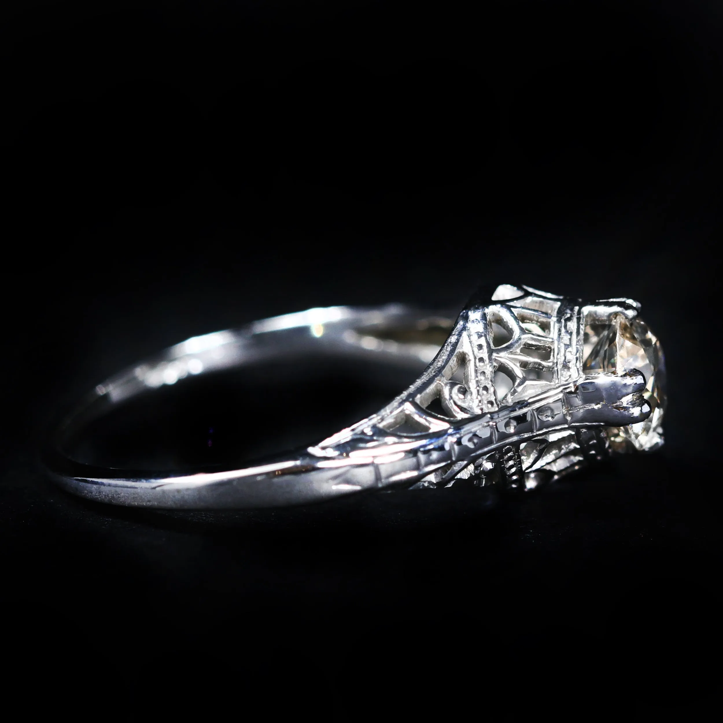 Art Deco 18K White Gold 0.62 Carat Old European Cut Diamond Ring