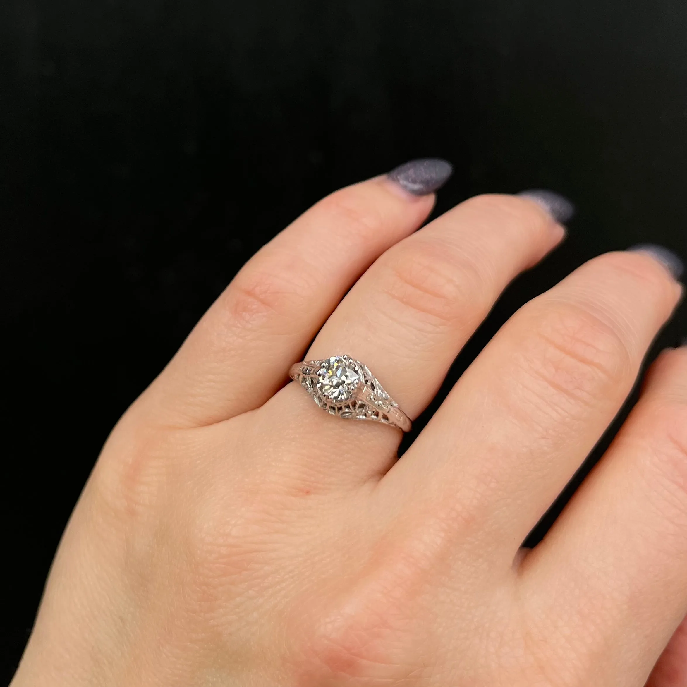 Art Deco 18K White Gold 0.62 Carat Old European Cut Diamond Ring