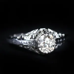 Art Deco 18K White Gold 0.62 Carat Old European Cut Diamond Ring