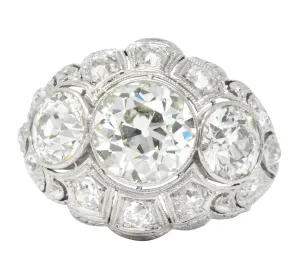 Art Deco 5.60 CTW Old European Cut Diamond Platinum Three Stone Ring