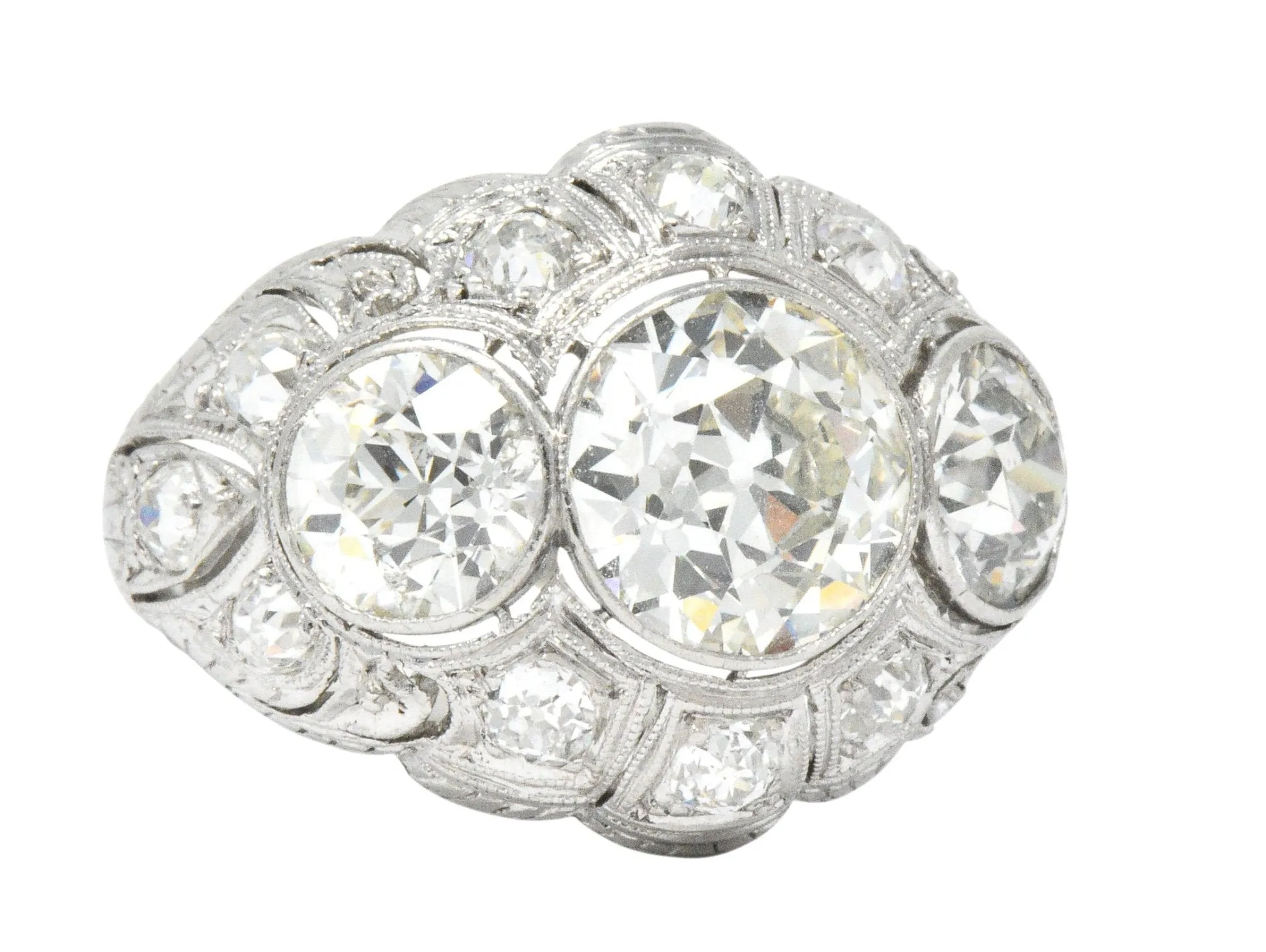 Art Deco 5.60 CTW Old European Cut Diamond Platinum Three Stone Ring