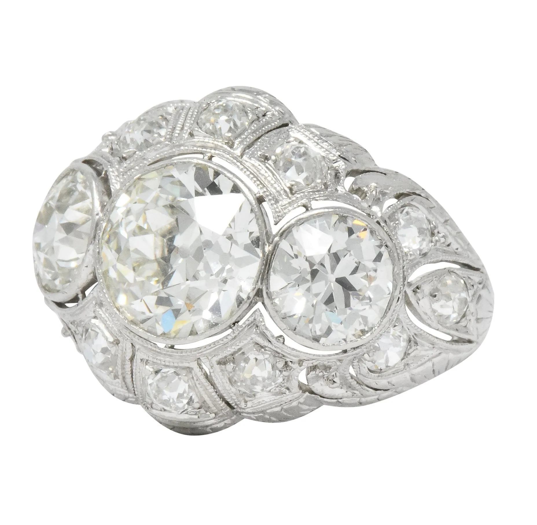 Art Deco 5.60 CTW Old European Cut Diamond Platinum Three Stone Ring