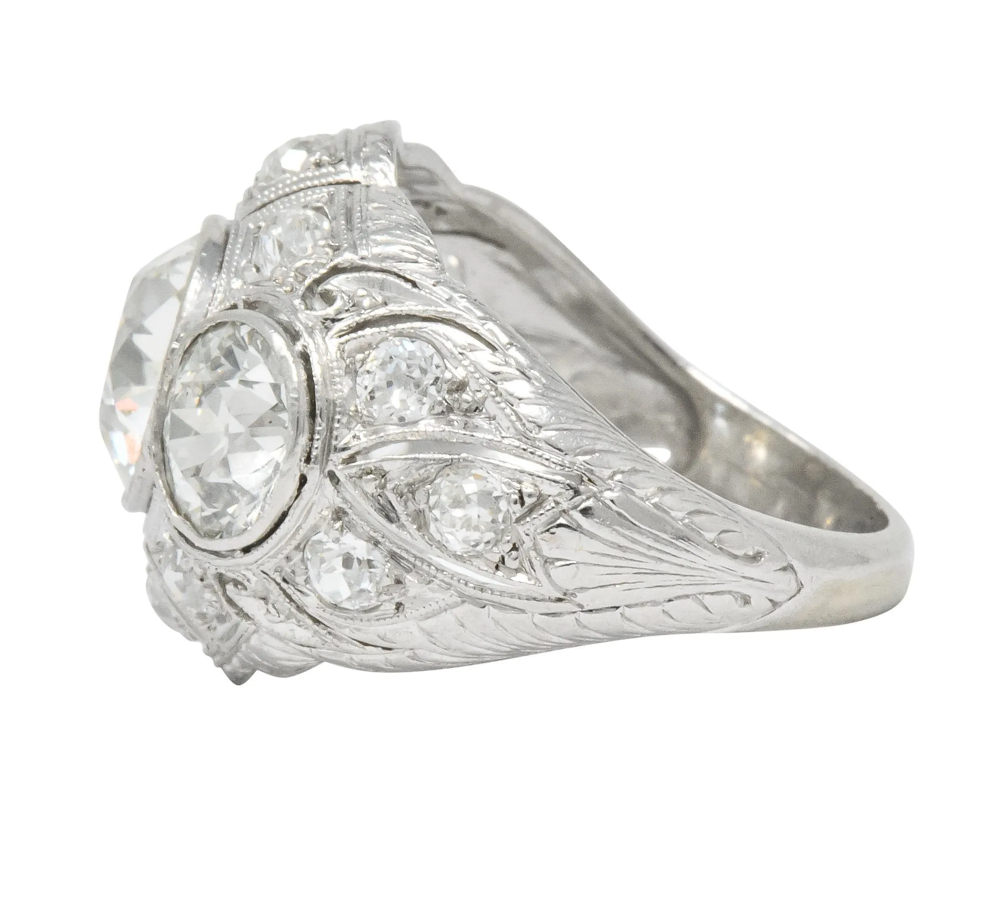 Art Deco 5.60 CTW Old European Cut Diamond Platinum Three Stone Ring