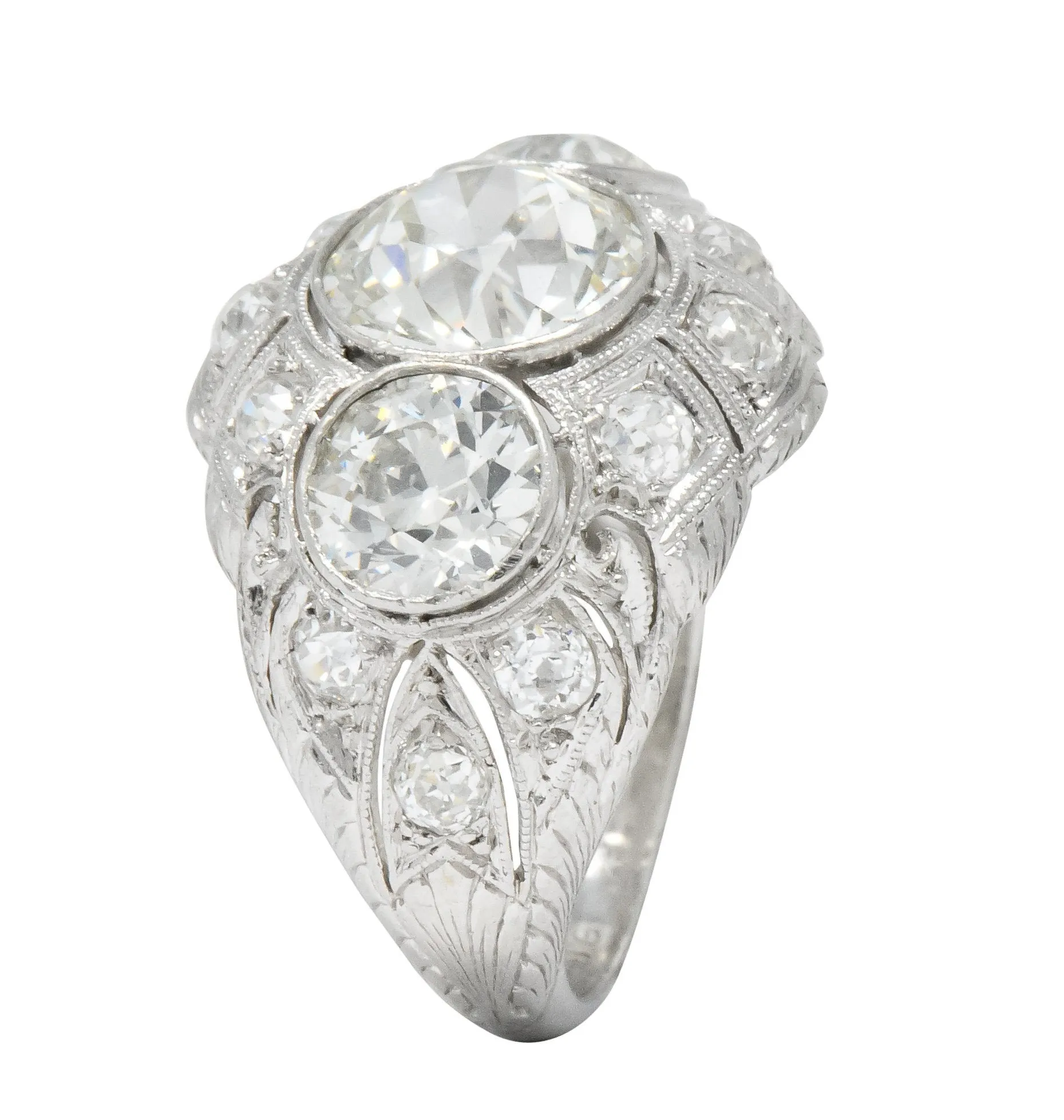 Art Deco 5.60 CTW Old European Cut Diamond Platinum Three Stone Ring