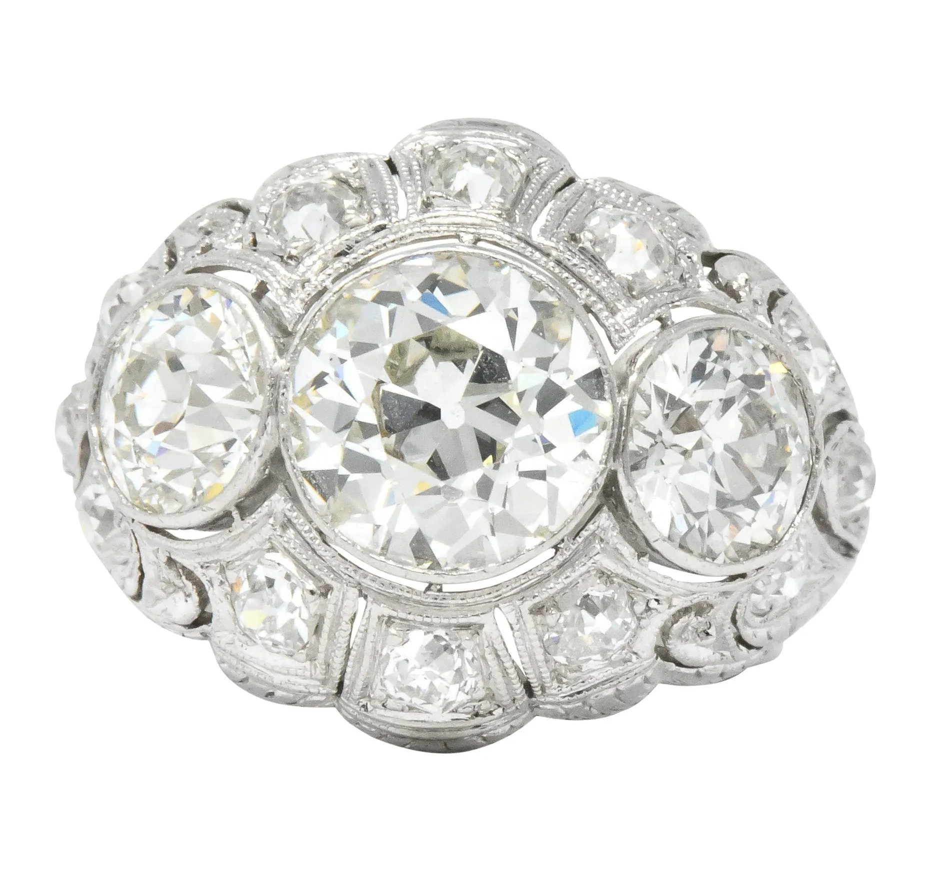 Art Deco 5.60 CTW Old European Cut Diamond Platinum Three Stone Ring