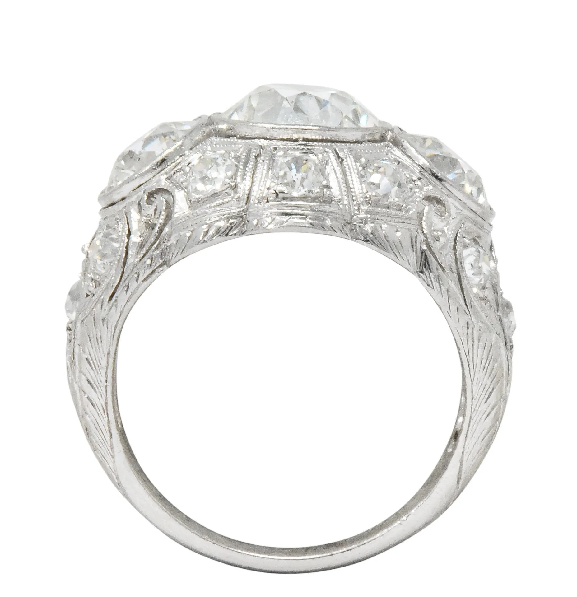 Art Deco 5.60 CTW Old European Cut Diamond Platinum Three Stone Ring