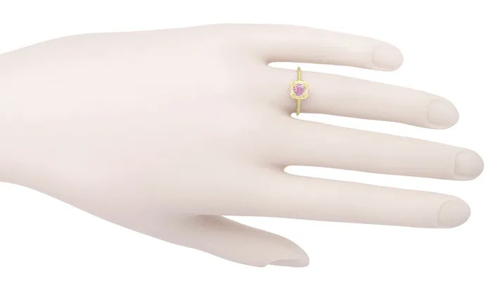 Art Deco Carved Filigree Yellow Gold Pink Sapphire Engagement Ring