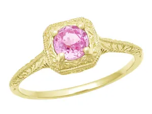 Art Deco Carved Filigree Yellow Gold Pink Sapphire Engagement Ring