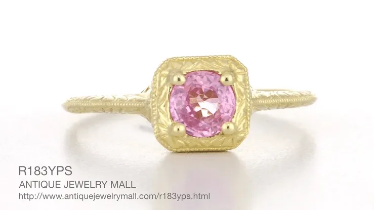 Art Deco Carved Filigree Yellow Gold Pink Sapphire Engagement Ring