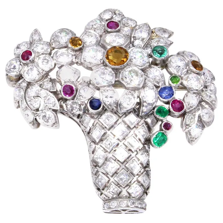 Art Deco Diamond Gem Set Platinum Jardinière Brooch