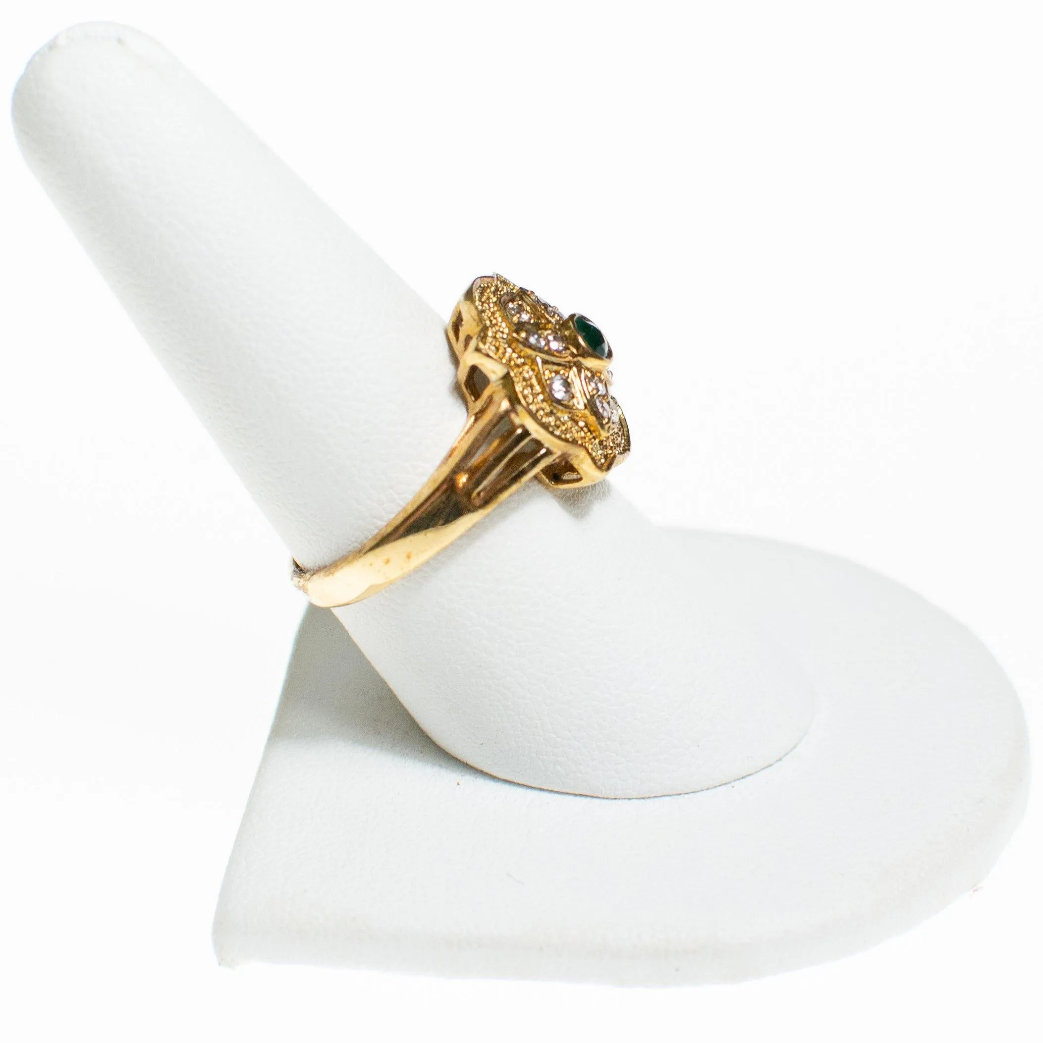 Art Deco Emerald and Diamante Crystal Ring with Milgrain Accent