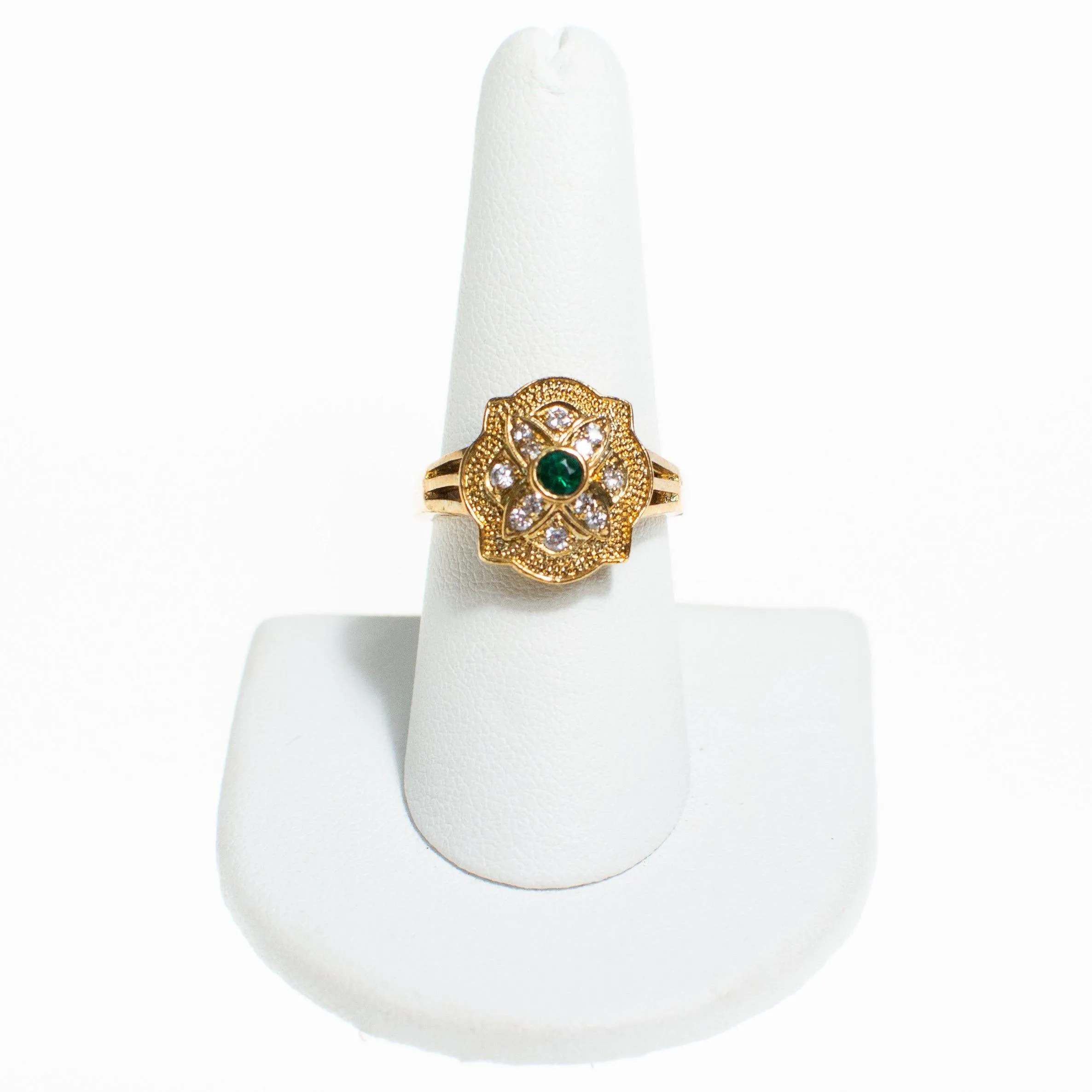 Art Deco Emerald and Diamante Crystal Ring with Milgrain Accent