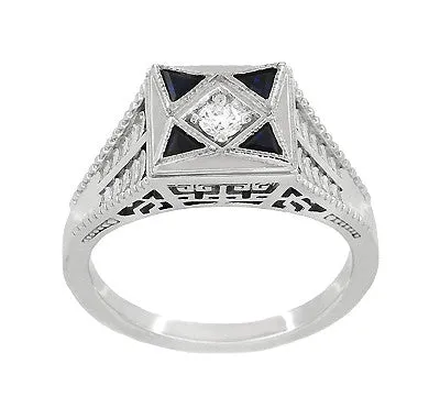 Art Deco Engraved Filigree 4 Stone Blue Sapphire and Diamond Antique Style Ring in 18 Karat White Gold