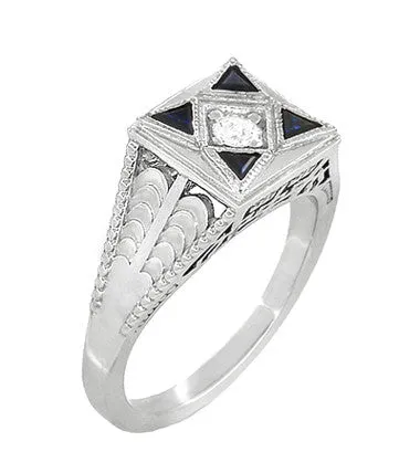 Art Deco Engraved Filigree 4 Stone Blue Sapphire and Diamond Antique Style Ring in 18 Karat White Gold