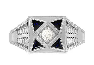 Art Deco Engraved Filigree 4 Stone Blue Sapphire and Diamond Antique Style Ring in 18 Karat White Gold