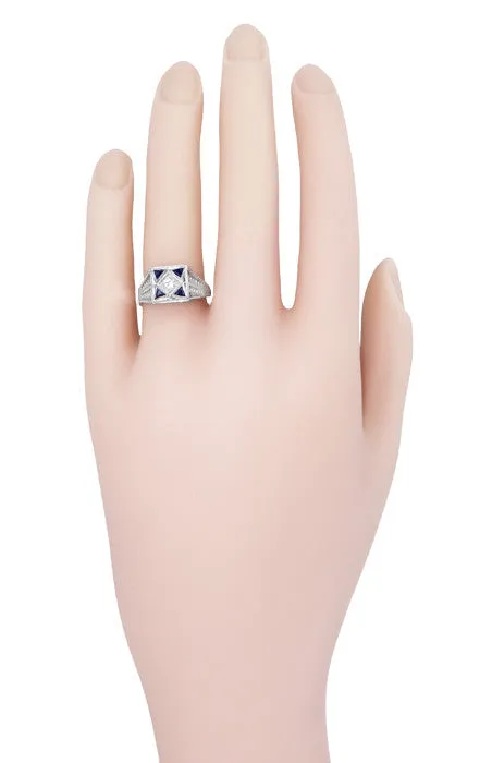 Art Deco Engraved Filigree 4 Stone Blue Sapphire and Diamond Antique Style Ring in 18 Karat White Gold