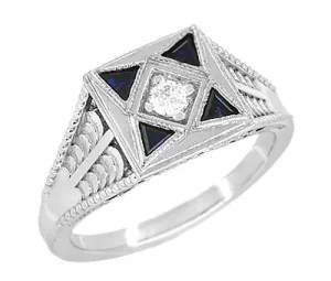 Art Deco Engraved Filigree 4 Stone Blue Sapphire and Diamond Antique Style Ring in 18 Karat White Gold