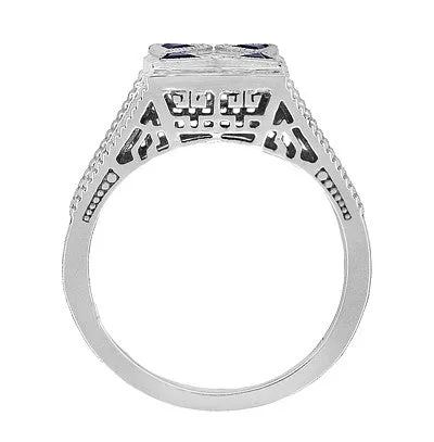 Art Deco Engraved Filigree 4 Stone Blue Sapphire and Diamond Antique Style Ring in 18 Karat White Gold