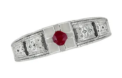 Art Deco Engraved Ruby Engagement Ring in Platinum - Low Profile Vintage Design