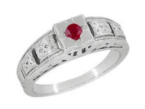 Art Deco Engraved Ruby Engagement Ring in Platinum - Low Profile Vintage Design