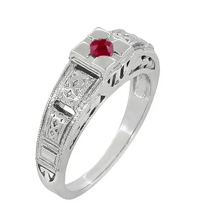 Art Deco Engraved Ruby Engagement Ring in Platinum - Low Profile Vintage Design
