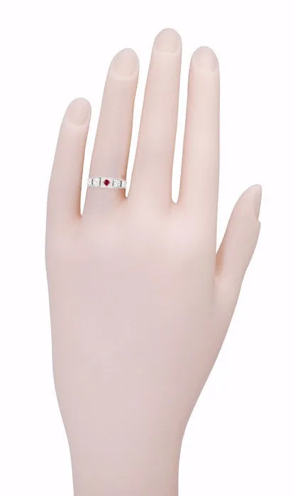 Art Deco Engraved Ruby Engagement Ring in Platinum - Low Profile Vintage Design
