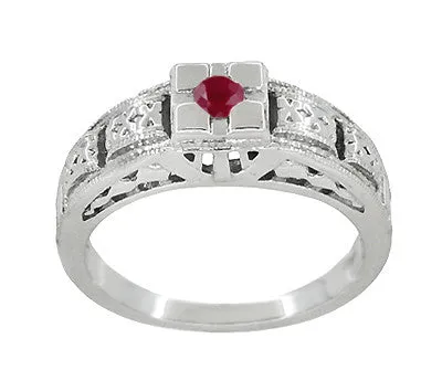 Art Deco Engraved Ruby Engagement Ring in Platinum - Low Profile Vintage Design