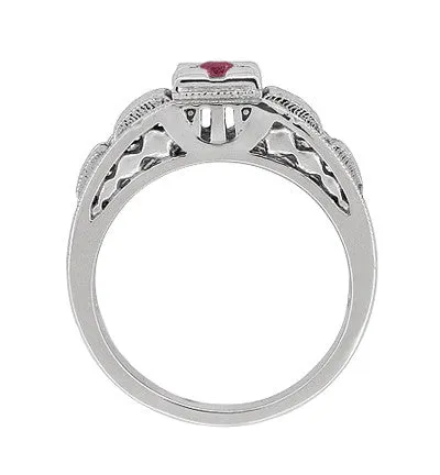 Art Deco Engraved Ruby Engagement Ring in Platinum - Low Profile Vintage Design